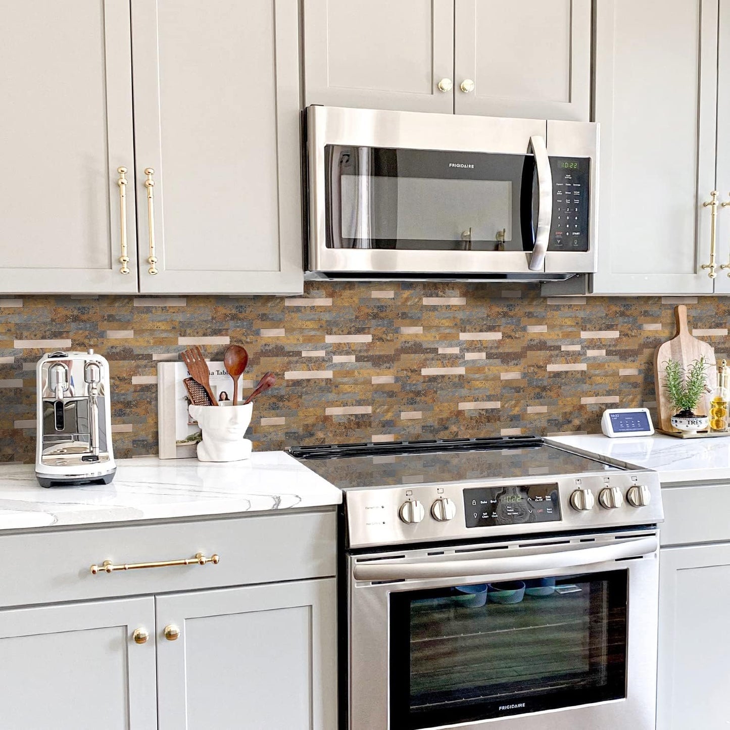 STICKGOO Peel and Stick Backsplash Tile, Stick on Backsplash for Kitchen and Bathroom, Volakas White Look PVC Mixed Metal Silver Self Adhesive Wall Tiles(Sample)