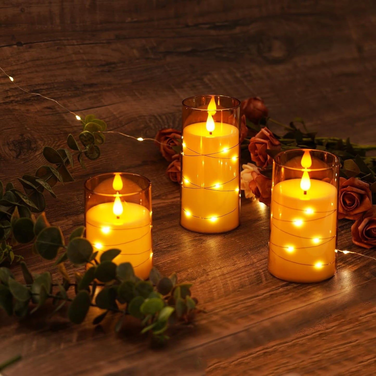 Amagic Red Flameless Candles 3 Set, Flickering Battery Operated Candles Embedded Fairy String Light, Realistic Pillar Candle with Remote Control and Timer, Acrylic, D3 x H4 5" 6"