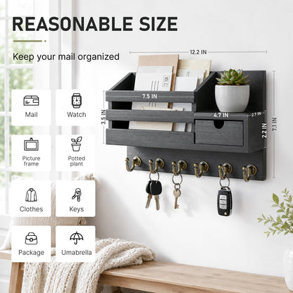 FifthQuarter Key Holder Wall Mount: Key and Mail Holder for Wall with 6 Hooks and Storage Drawer, Easy Installation Key Rack for Entryway Home Decor (A-White)