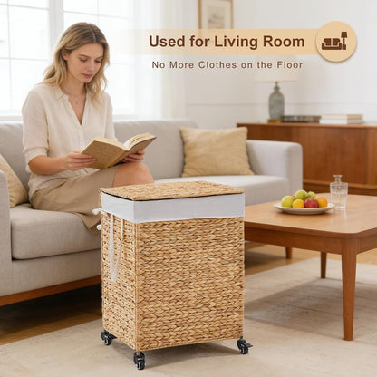 3-Section Laundry Hamper with Lid, Large Capacity Woven Natural Water Hyacinth Laundry Sorter with Removable Liners, Rolling or Non-Slip Design for Bedroom (Natural, 155L)