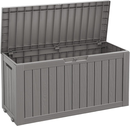 Fancyango 75 Gallon Outdoor Deck Box Waterproof, Large Storage Box for Patio, Resin Storage Bench Lockable for Garden Tools, Package Delivery, Black