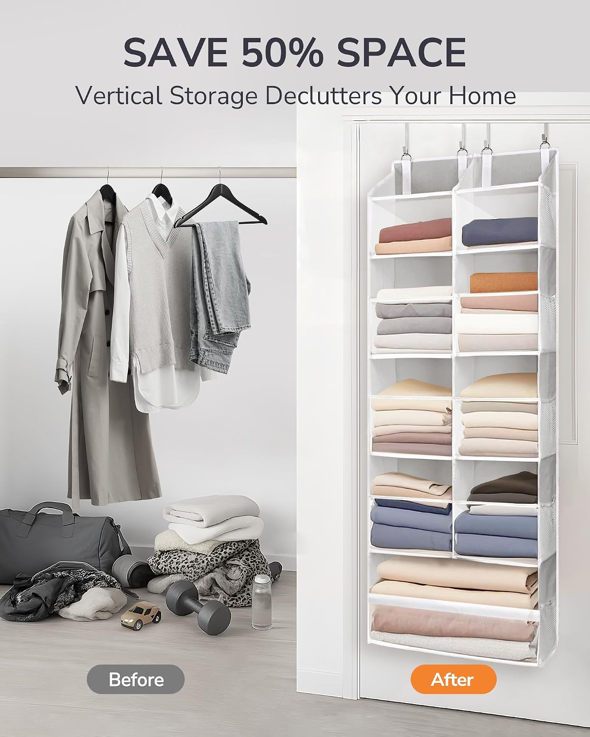 ULG Over the Door Organizer, 5-Tier Extra Large Hanging Storage with 10 Mesh Pockets, 100 lbs Capacity, Heavy Duty Door Organizer for Closet, Bedroom, Nursery Storage, Beige