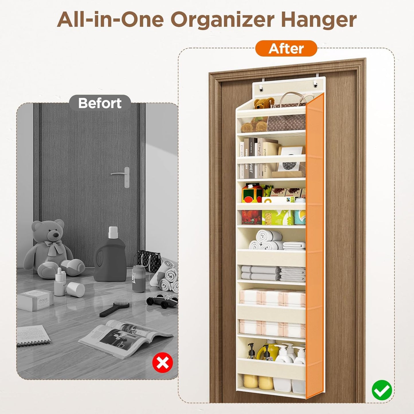 6 Tiers Over The Door Organizer, Heavy Duty Hanging Organizer Storage with Large Capacity Pockets, Behind Door Storage Hanging Shelves for Closet Wall Bathroom Bedroom Nursery Pantry, 1 Pack Grey