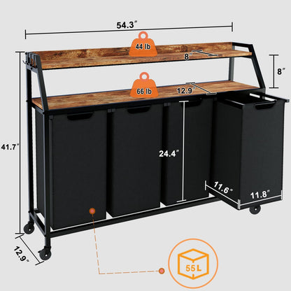 Timberer Laundry Hamper, Laundry Sorter 3 Section, Rolling Laundry Basket with Wheels, 2 Shelves, 3 × 14.5 Gal, Pull-Out and Removable Oxford Fabric Bags, for Laundry Room, Black and Rustic Brown