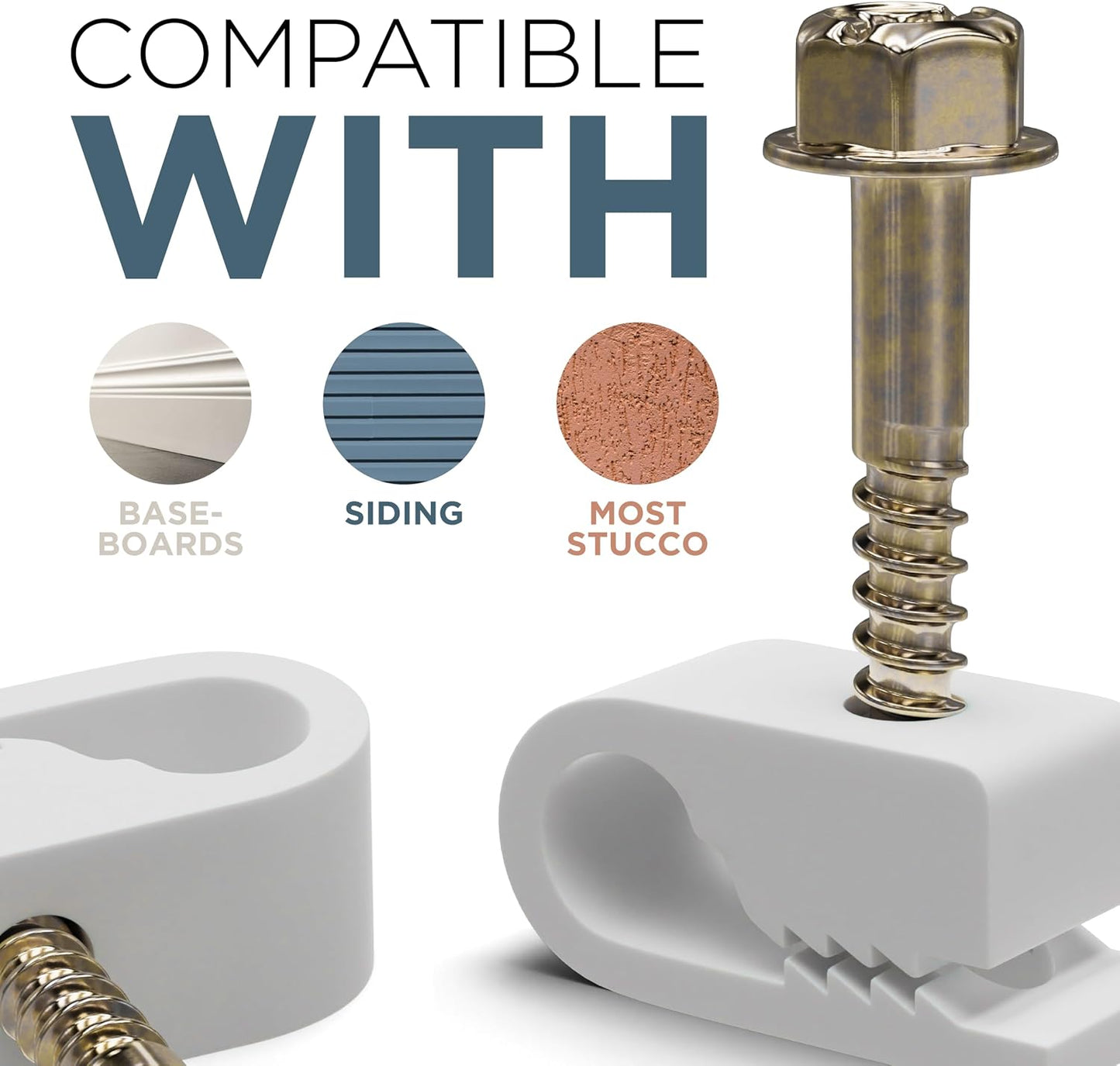 THE CIMPLE CO Single Cable Clips with Screws - 1/4 Inch Coaxial Cable Clamps Outdoor - Exterior Cord Management for Coax, CAT Ethernet, Electrical Wire - Screw Clamps for Wires - 10 PCS, White