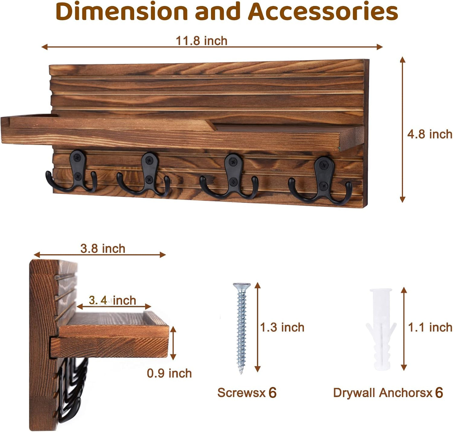 Decorative Key Hanging Rack with 4 Double Hooks – Easy Install Natural Wooden Key and Mail Holder for Wall Mount – Entryway Decor Rack with Shelf (Carbon Black)