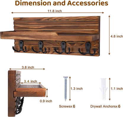 Decorative Key Hanging Rack with 4 Double Hooks – Easy Install Natural Wooden Key and Mail Holder for Wall Mount – Entryway Decor Rack with Shelf (Carbon Black)
