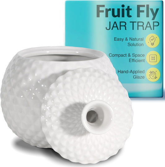 Elevated Lifestyle Fruit Fly Jar Trap - Decorative and Effective Ceramic Fruit Fly Catcher, Kid and Pet Friendly Fly Trap Indoor, Ideal for Kitchens, Restaurants, and Homes - (White)
