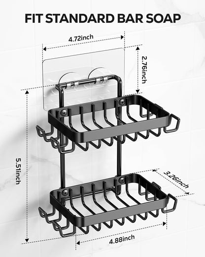 Nieifi Bar Soap Holder, Adhesive Soap Dish for Bathroom Shower Wall | Stainless steel, 2 tier, razor holders, 8 hooks, bathtub, kitchen sink, wall mounted, no drilling, counter, black