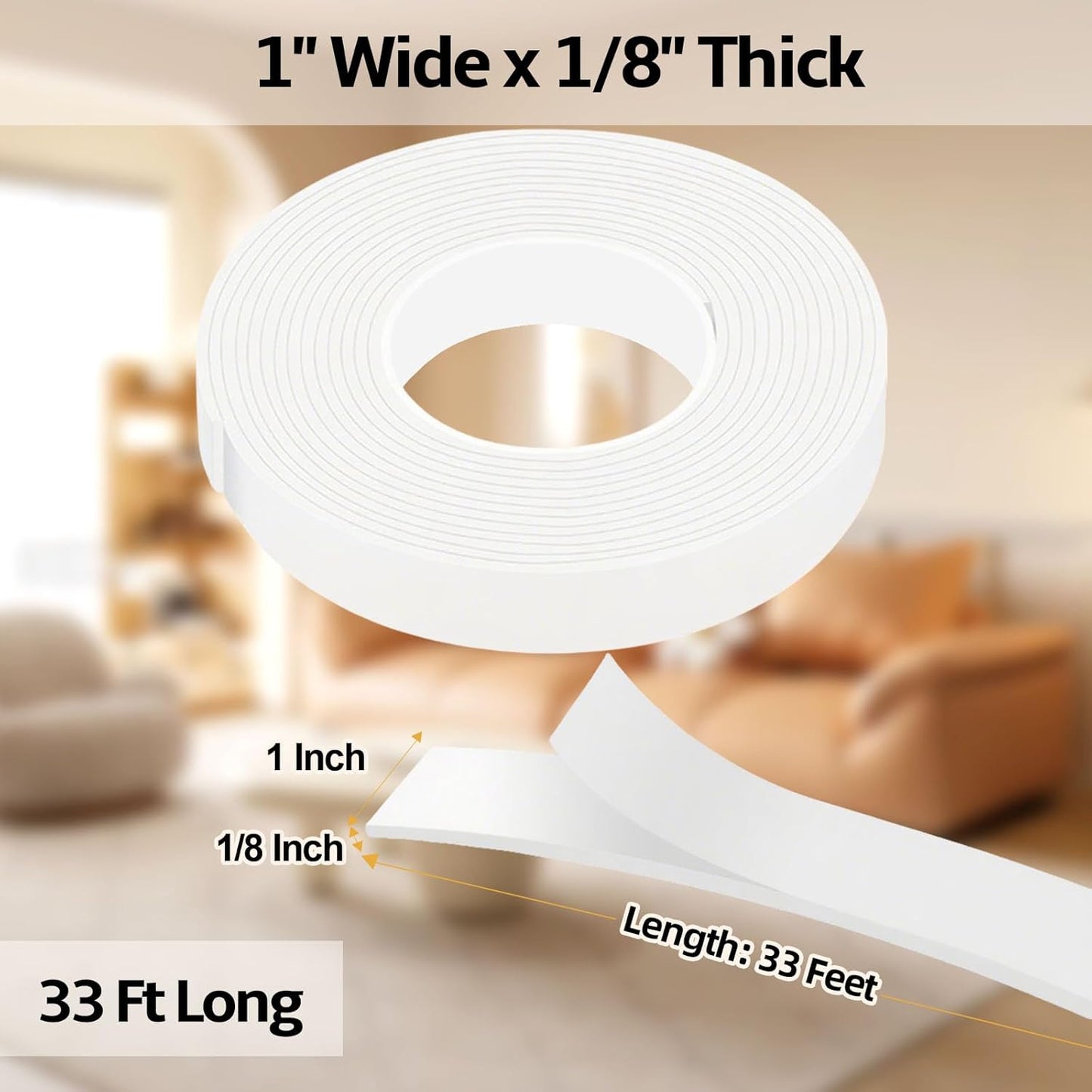 Foam Weather Stripping Door Seal,1 Inch W x 1/17 Inch T x 33 Feet White Window Sealing Tape，Single-Sided Self-Adhesive Insulation Sealing Strip