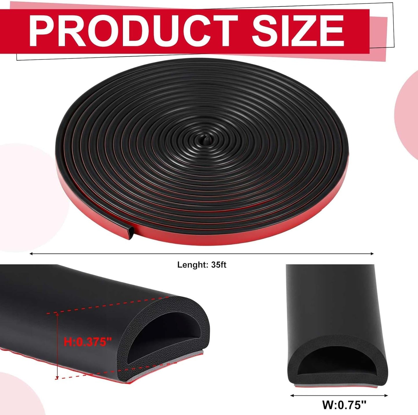 Pangda 13ft Foam Rubber D Shape Seal Strip 1" W x 0.5" H Self Adhesive EPDM Rubber Weather Stripping RV Slide Out Seal Heavy Duty Automotive Weather Stripping for Car Truck RV Boat Home