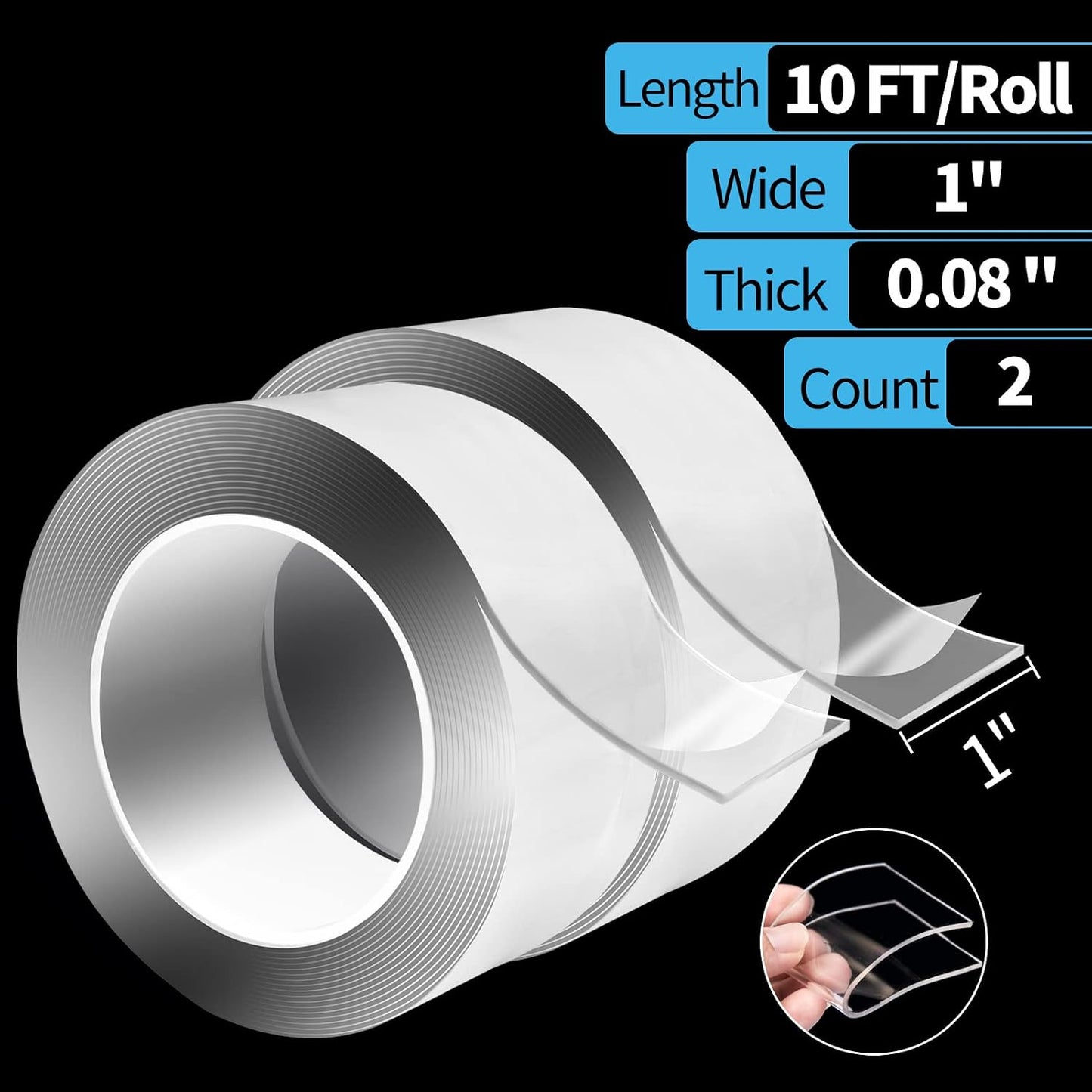 Art3d Double-Sided Tape (4-Roll of 10FT), Removable, Traceless, Washable, Reusable - Multipurpose Tape as Seen on TV (1/24" x 1/2" x 10', 4)