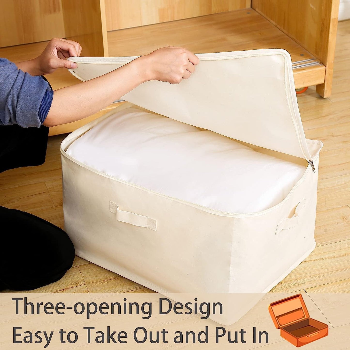Canvas Comforters Bags Closet Organizers and Storage for Quilts Clothes Organization Containers Bins with Sturdy Zipper, Clear Window 75L for Sweaters Blankets Storage Bedroom Collapsible