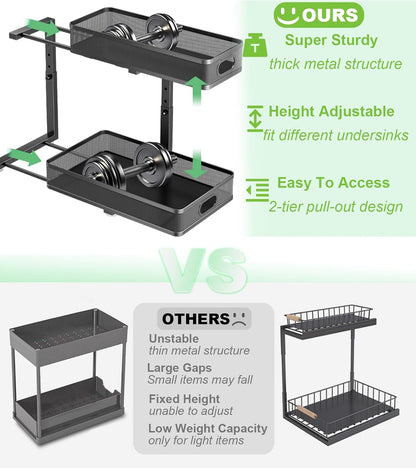 Under Sink Organizer 2 Pack, High Adjustable 2 Tier Under Sink Organizers and Storage, Slide out Metal Cabinet Organizers, Pull out Storage Drawer Shelf for Kitchen Bathroom Cabinet (Black-1pack)
