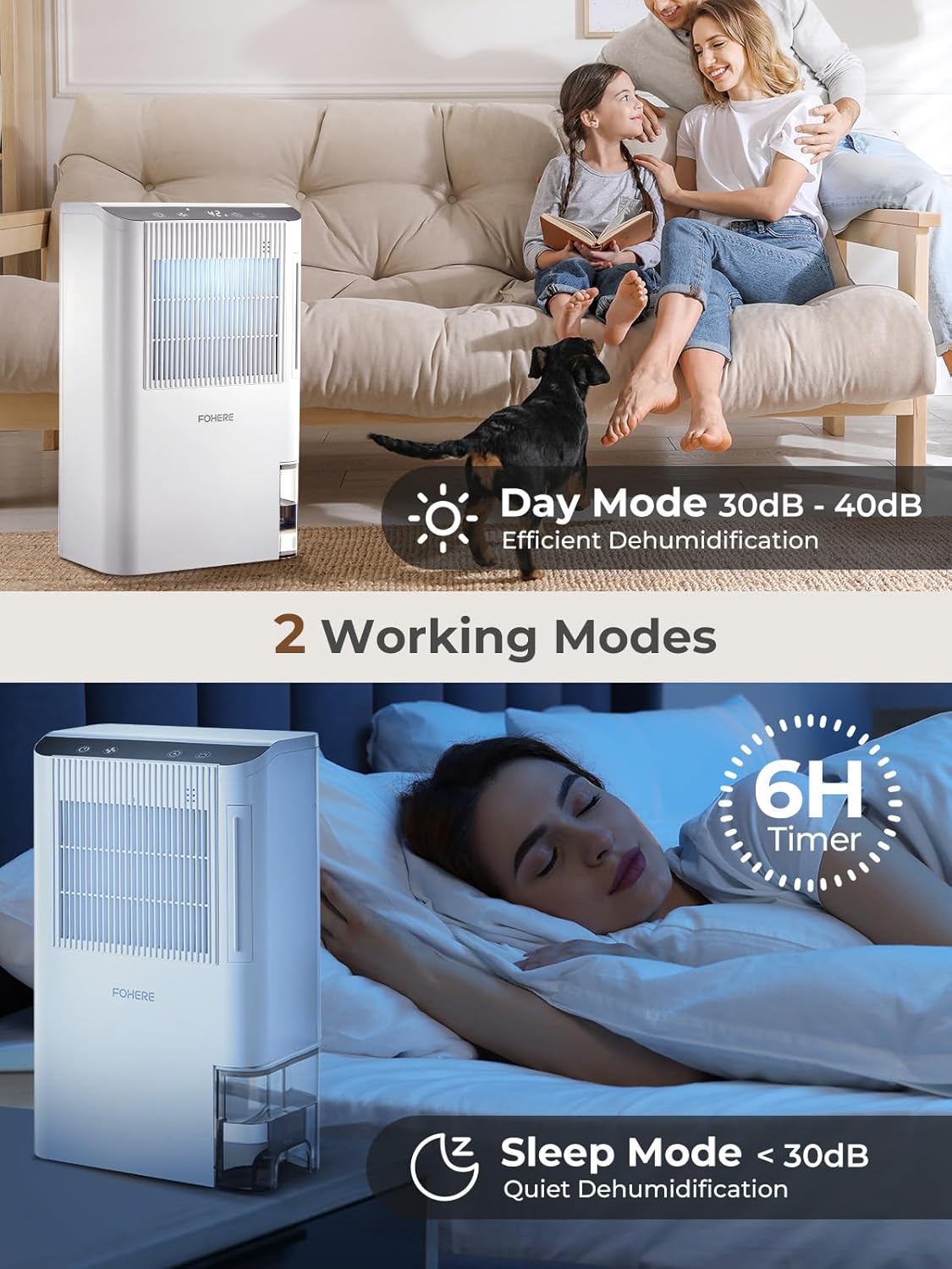 FOHERE Dehumidifier for Basement & RV, Works at 41°F, 30dB Whisper Quiet, 2000 Sq.Ft Coverage, 85oz Tank & Drain Hose, 99.97% HEPA Filtration, Auto Shut-Off, for Bedroom Bathroom Closet