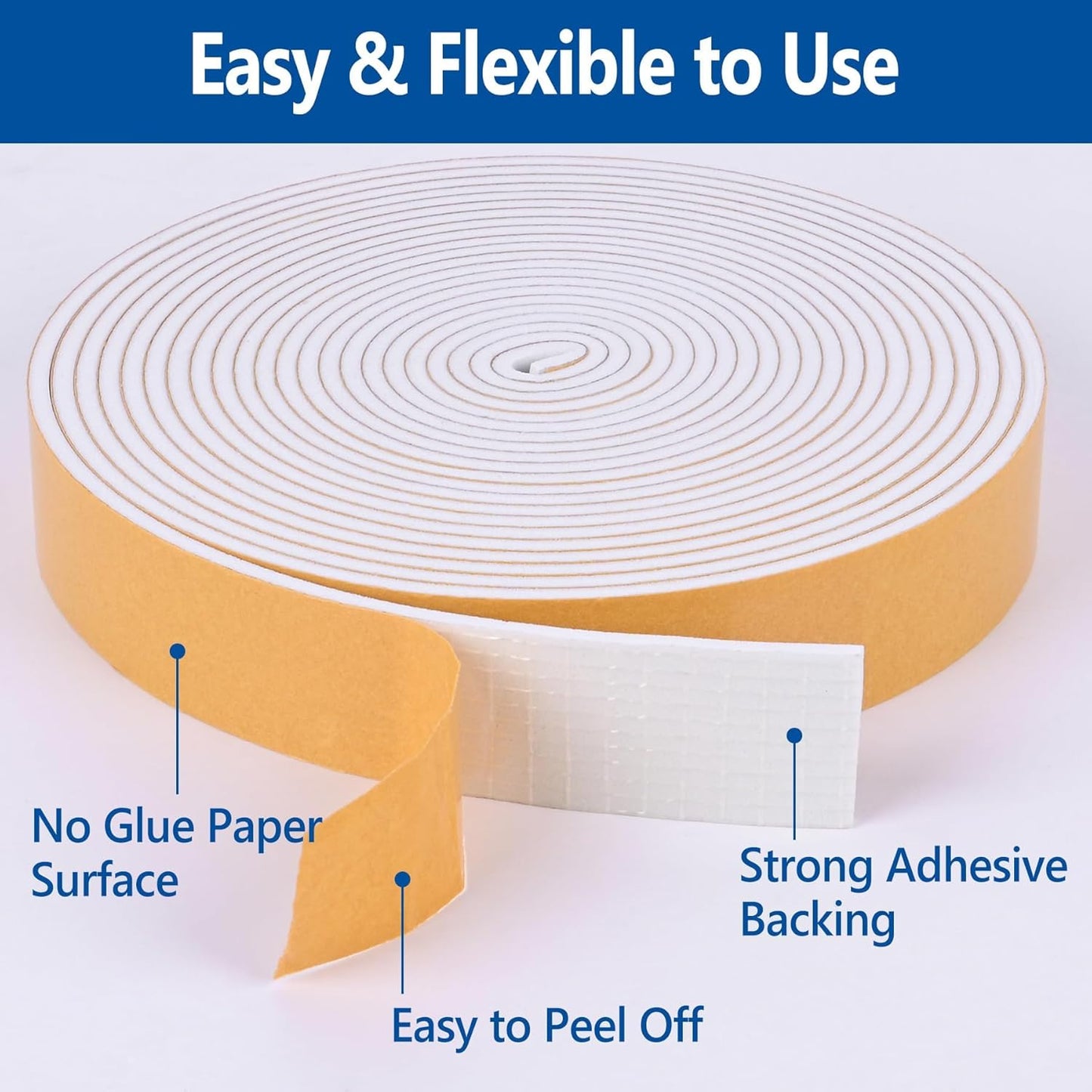 Self Adhesive Foam Tape Weatherstrip 1/2in x 1/4in x 42Ft High Density Foam Insulation Strips Foam Seal Weather Stripping with Strong Adhesive for Door and Window Sound Isolation Soundproofing, White