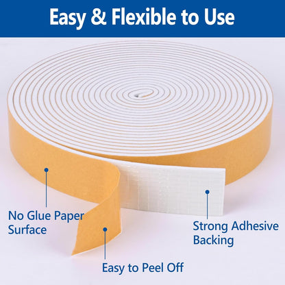 Self Adhesive Foam Tape Weatherstrip 1/2in x 1/4in x 42Ft High Density Foam Insulation Strips Foam Seal Weather Stripping with Strong Adhesive for Door and Window Sound Isolation Soundproofing, White