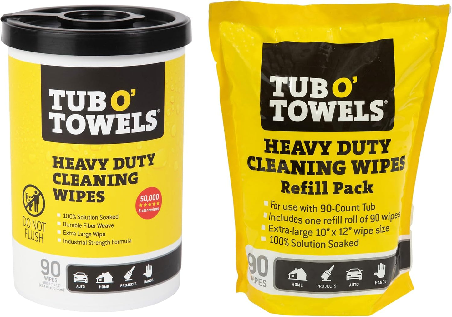 Tub O' Towels Heavy-Duty Multi-Surface Cleaning Wipes, 7" x 8", 40 Count Canister, Removes Grease, Grime, and Tough Stains, Durable Disposable White Wipes for Home, Garage, and Outdoor Cleaning Tasks | industrial-disposable-wipes