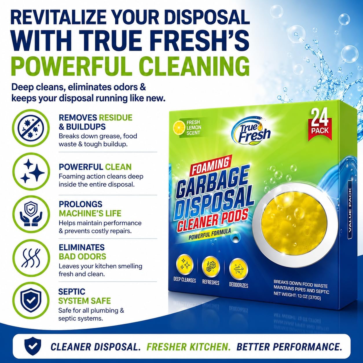 True Fresh Garbage Disposal Cleaner Powder Packets, Large 15g Drop-In Sink Packets, Deep Foaming Sink & Drain Cleaner for Grease & Residue, Disposal Cleaner and Deodorizer, Fresh Citrus Scent, 24 Pack