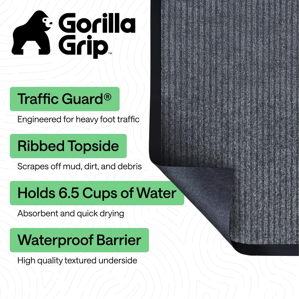 GORILLA GRIP Waterproof Traffic Guard Door Mat, Heavy Duty Entryway Mats, Strong Backing Commercial Utility Rugs for Office Hallway, Garage Floor and Home, Low Profile Carpet Runner, 29x17, Black