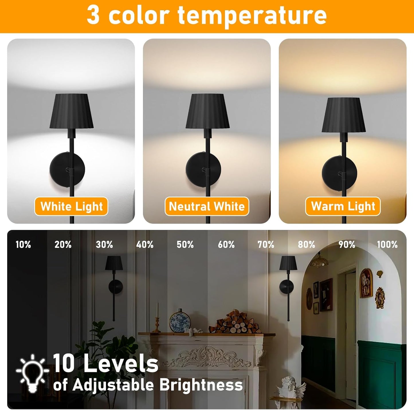 Battery Operated Wall Sconce Set of 2, Rechargeable Wireless Sconces with Dimmable Detachable Magnetic Bulbs and Remote, 3 Colors Wall Lights for Bedroom Living Room Hallway Fireplace