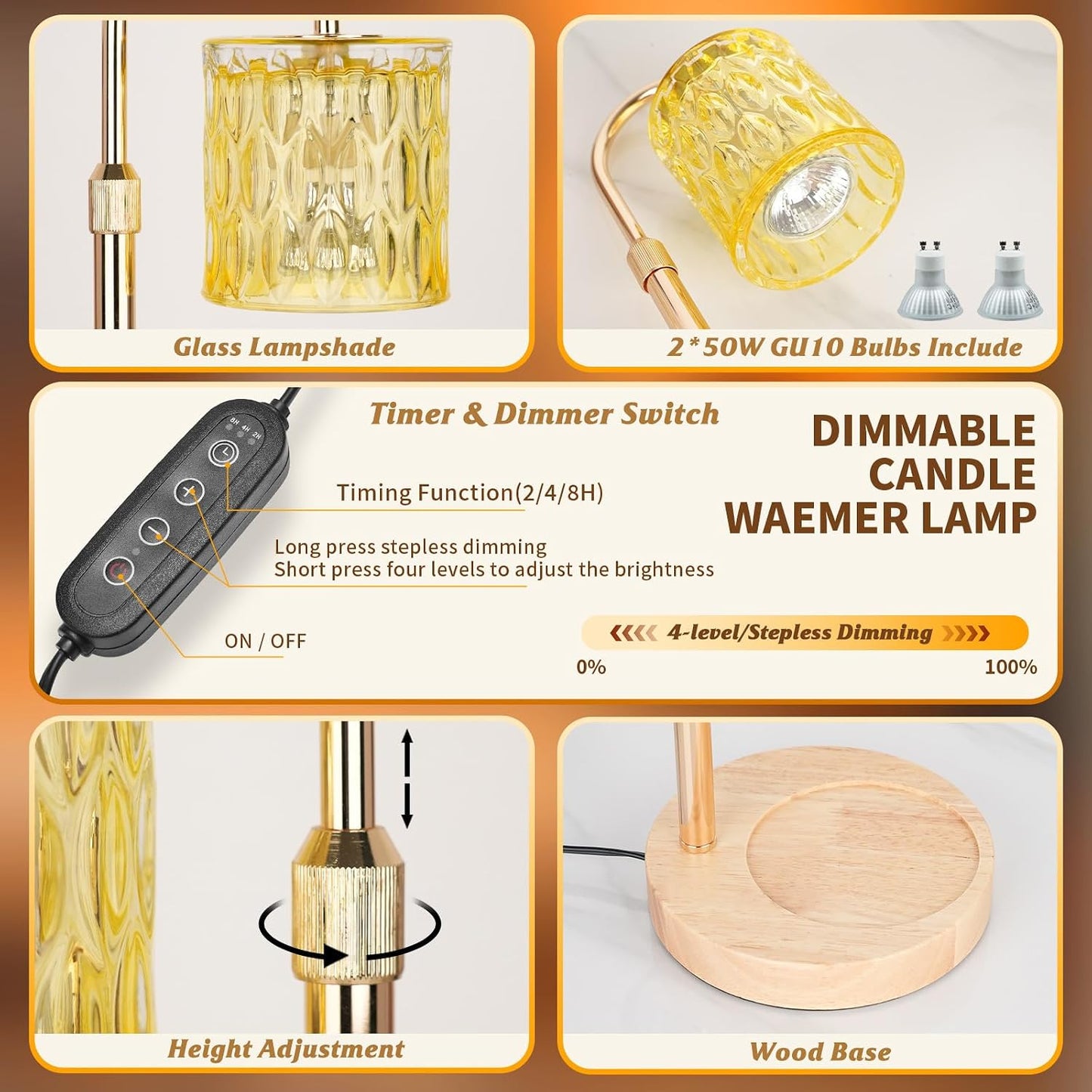 Candle Warmer Lamp with Timer and Dimmable, Electric Wax Melt Candle Warmers Height Adjustable with 2 Bulbs, Birthday Gifts for Women House Warming, Home Decor for Scented Jar Candles(Clear)