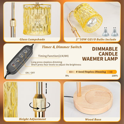 Candle Warmer Lamp with Timer and Dimmable, Electric Wax Melt Candle Warmers Height Adjustable with 2 Bulbs, Birthday Gifts for Women House Warming, Home Decor for Scented Jar Candles(Clear)