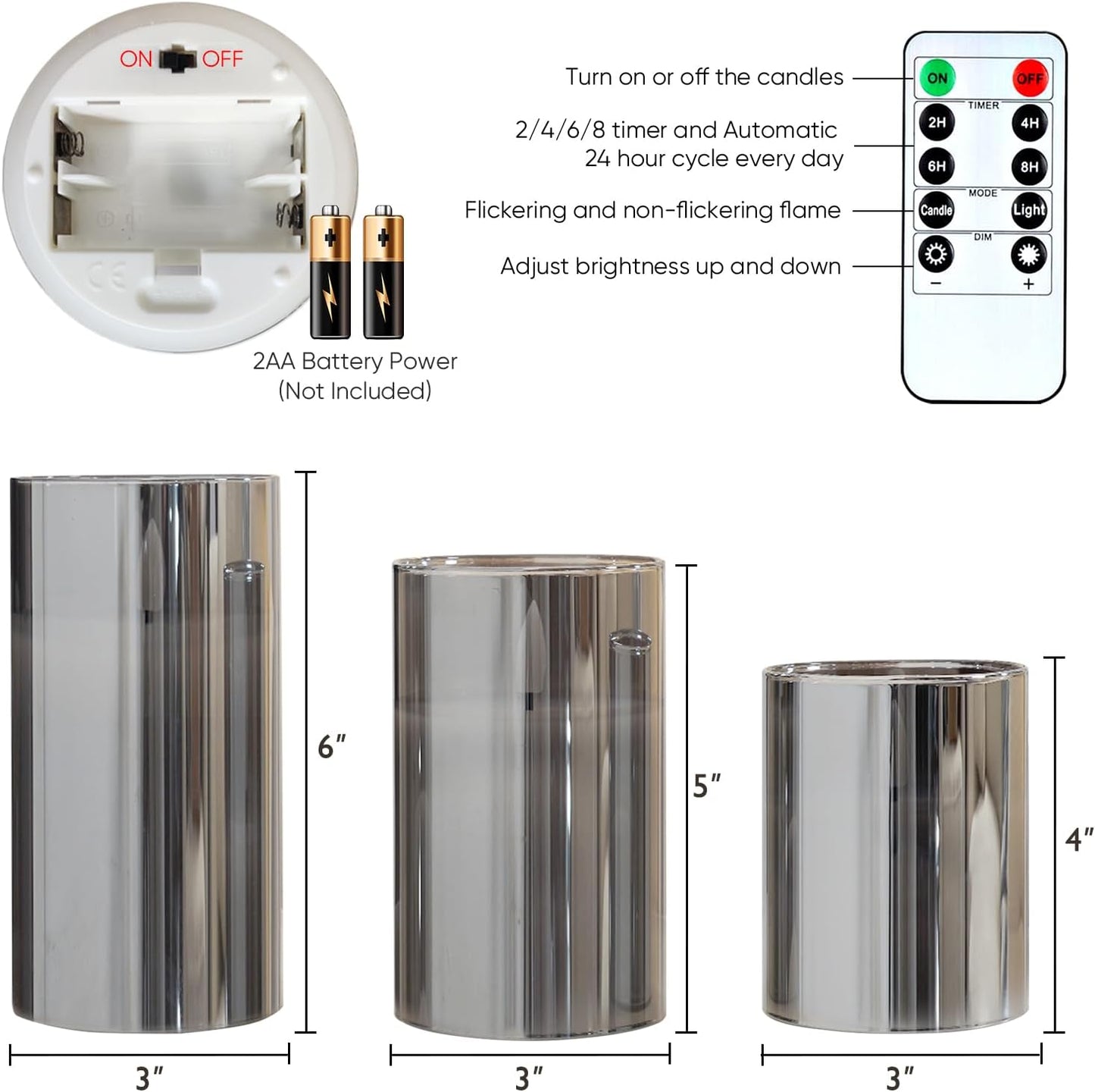 5plots Glass Battery Operated White Flameless Candles with Remote Timer, 3D Wick Real Wax Pillar Led Candles Warm Flickering Light for Indoor Home, Halloween, Christmas Decor, Set of 3, D3 x H4 5" 6"