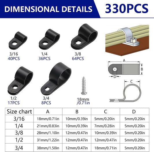 330 Pcs Black Cable Clips Wall, Plastic Wire Cable Clamps with Screws, R Nylon Wire Clips for CordsWire Clamps for Cables, cCable Management Clipss, for Organizing Electric Wires Cords(5 Sizes)