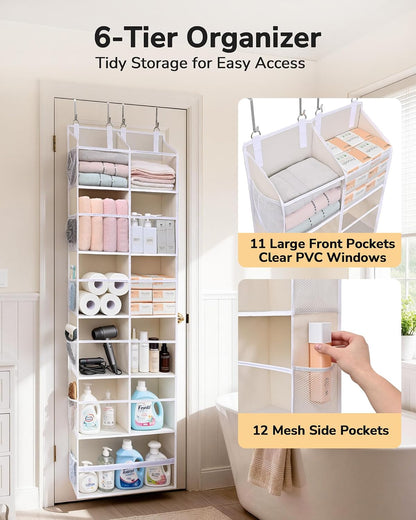 ULG Over the Door Organizer, 5-Tier Extra Large Hanging Storage with 10 Mesh Pockets, 100 lbs Capacity, Heavy Duty Door Organizer for Closet, Bedroom, Nursery Storage, Beige