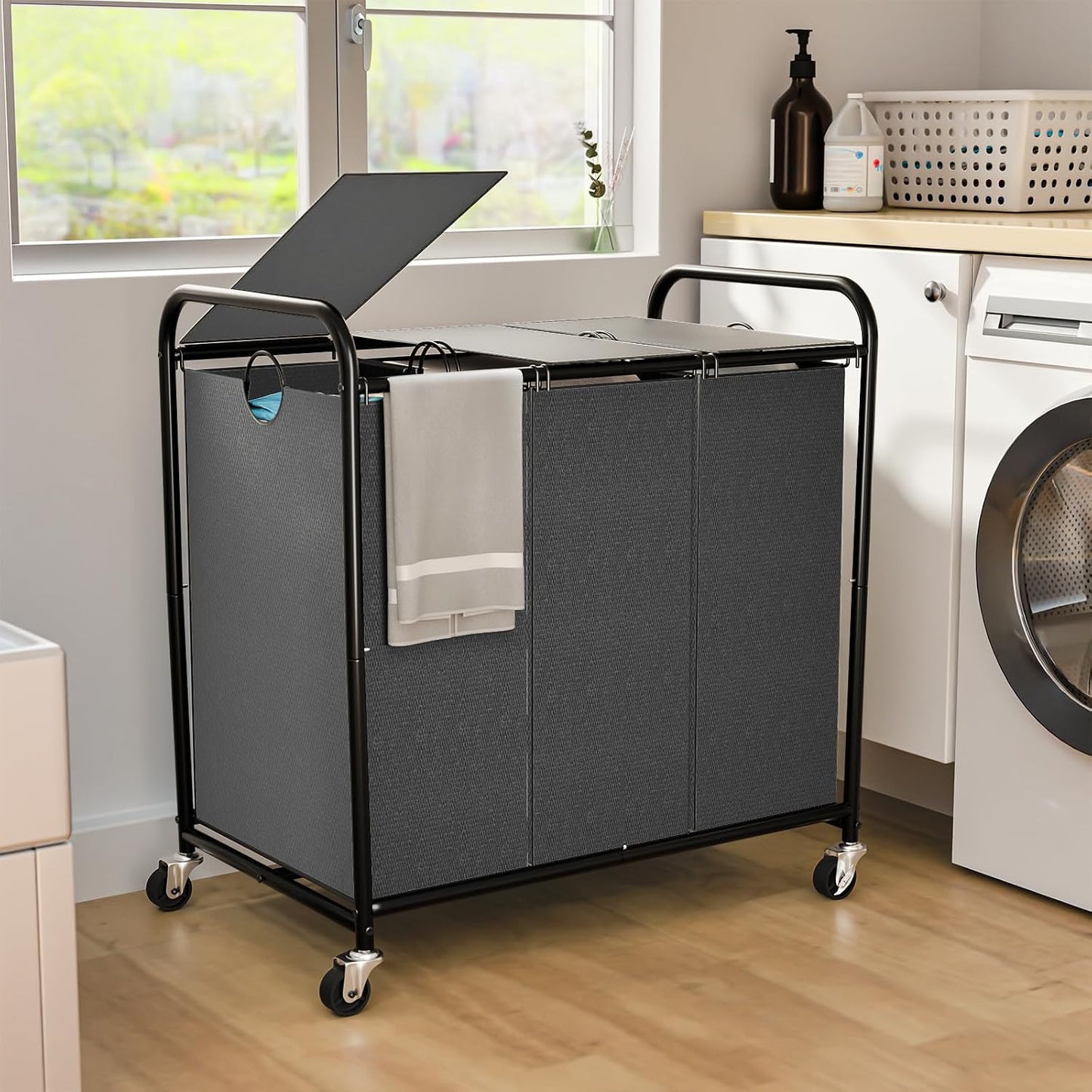 180L (47.55 Gal) Laundry Sorter 3 Section, Rolling Laundry Basket with Lockable Wheels and Lid, Laundry Hamper with 3 Separated Removable Bags Dirty Clothes Hamper for Laundry Room Organizer, Black