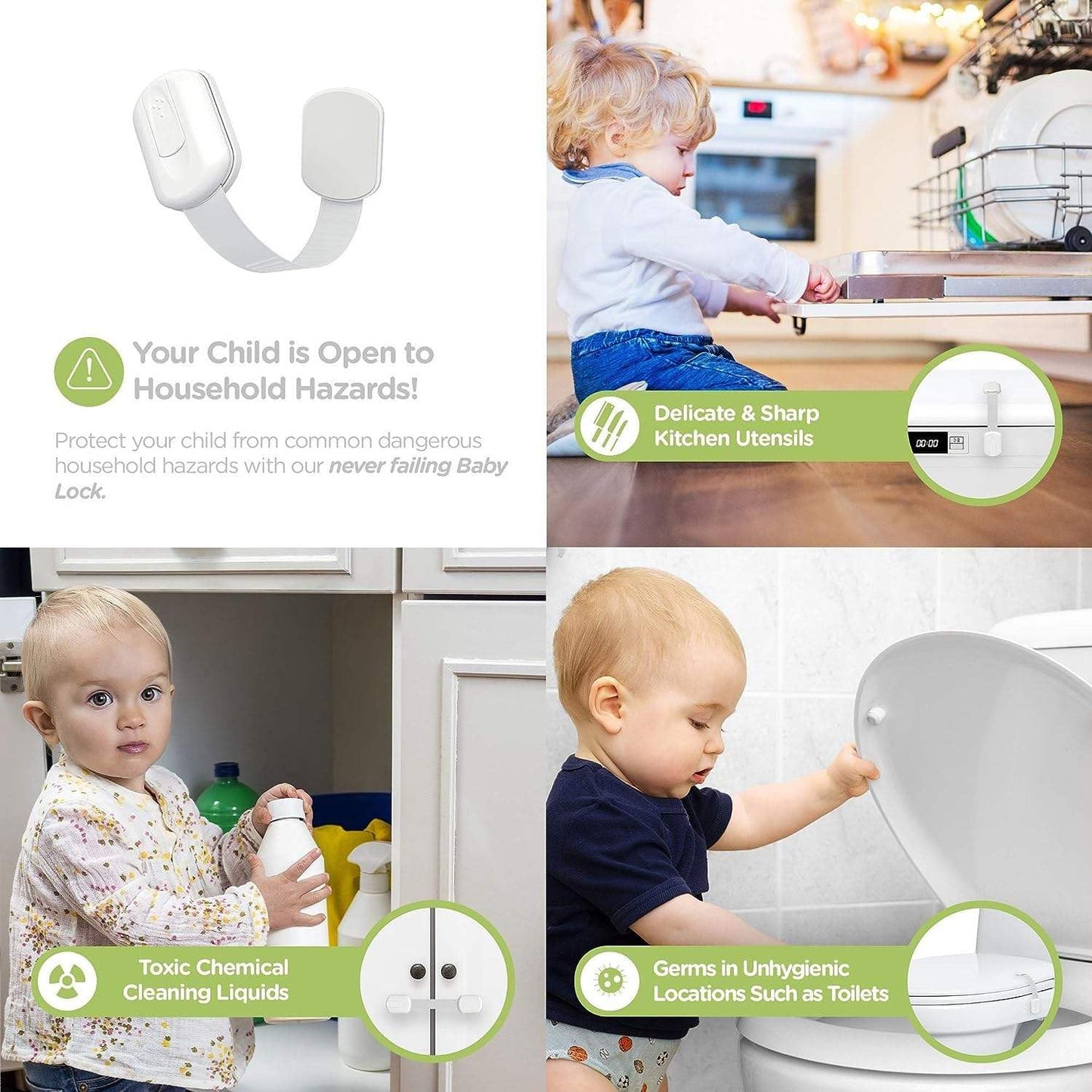 Child Proof Safety Strap Locks 10-Pack - No Drill Cabinet Locks Baby Proofing, 3M Adhesive for Drawers, Cabinets, Fridge, Toilet, Baby Proofing for Child Safety