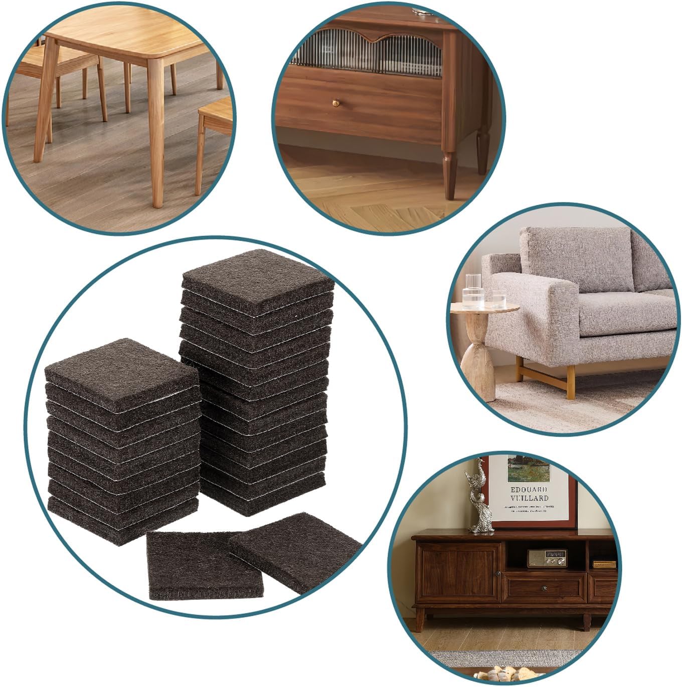 Furnigear 1.5x1.5 Inch Square Felt Furniture Pads, 18Pcs Self-Adhesive Floor Protectors for Chair Legs, Hardwood Floors - Cuttable, Anti-Scratch, Brown