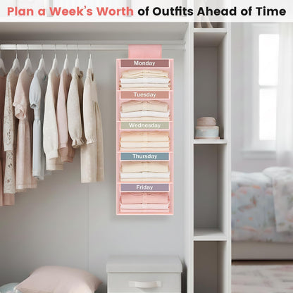Weekly Clothes Organizer for Kids, 5-Shelf Kid Hanging Closet Organizer w/ 6 Side Pockets, Labeled Weekly Outfit Organizer for Kids, Days of The Week Clothes Organizer Monday Through Friday White