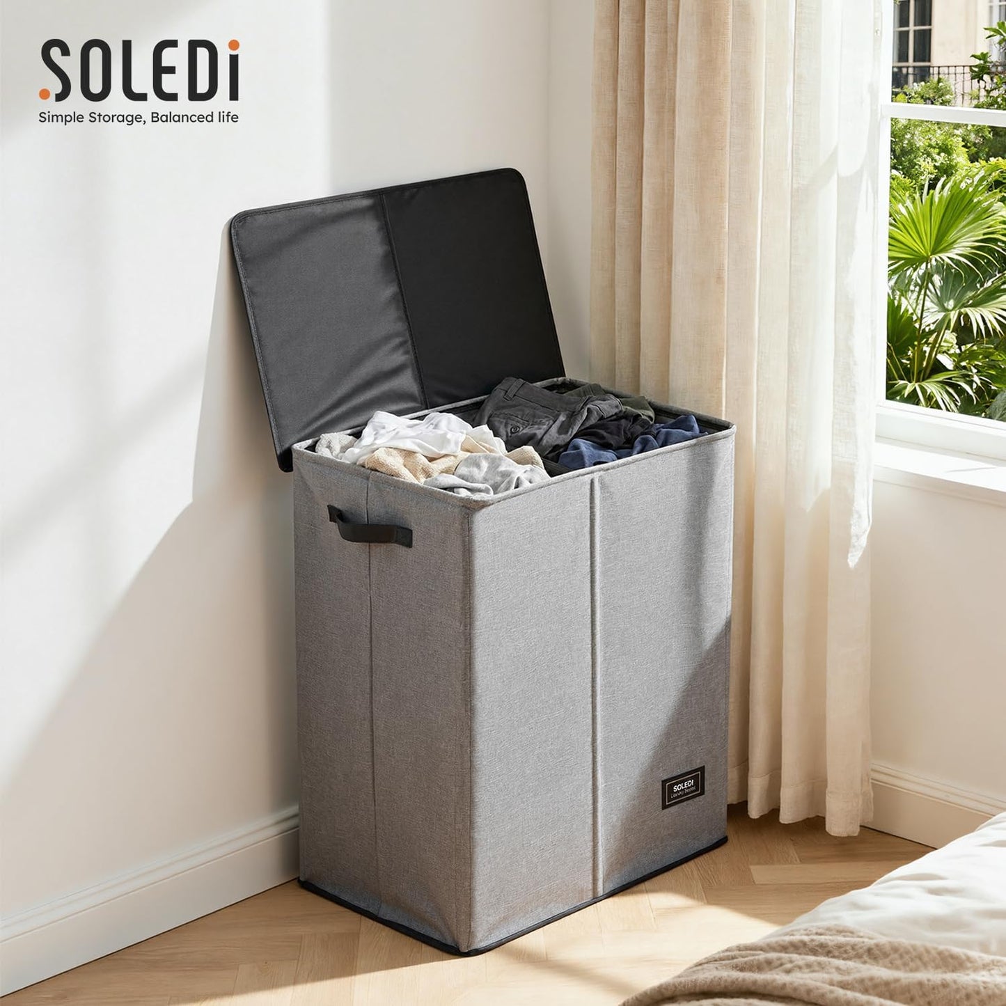 SOLEDI Luxury Double Laundry Hamper with Lid and Removable Bags, 38.3 Gal Large Laundry Bin, Laundry Basket 2 Sections, Collapsible Clothes Hamper for Bedroom, Laundry Room, Bathroom, Off-white