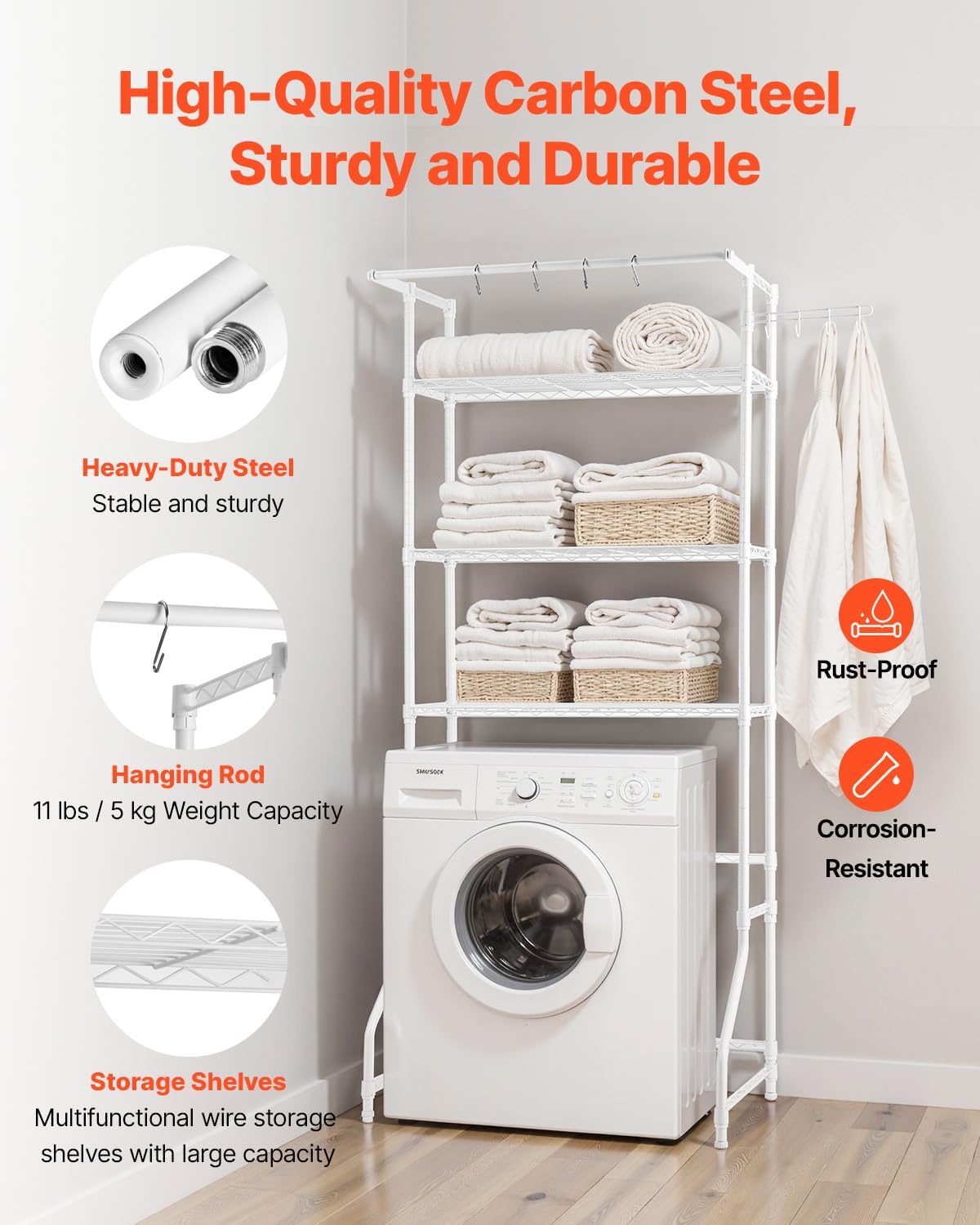 VEVOR Over The Washer and Dryer Storage Shelf, 3 Tier Laundry Room Drying Rack with Hanger Rod and Hooks, Adjustable Over Washer and Dryer Shelves, Laundry Room Shelf Storage Space Saver, Black