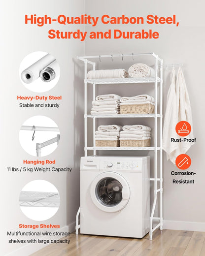 VEVOR Over The Washer and Dryer Storage Shelf, 3 Tier Laundry Room Drying Rack with Hanger Rod and Hooks, Adjustable Over Washer and Dryer Shelves, Laundry Room Shelf Storage Space Saver, Black