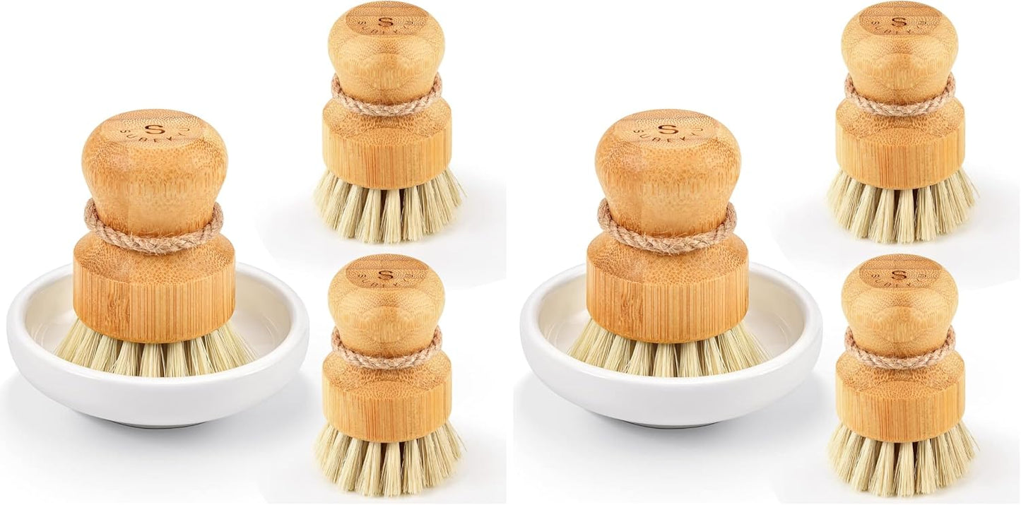 Bamboo Dish Scrub Brushes,Kitchen Wooden Cleaning Scrubbers Set for Washing Cast Iron Pan/Pot, Natural Sisal Bristles, Set of 3