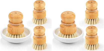 Bamboo Dish Scrub Brushes,Kitchen Wooden Cleaning Scrubbers Set for Washing Cast Iron Pan/Pot, Natural Sisal Bristles, Set of 3