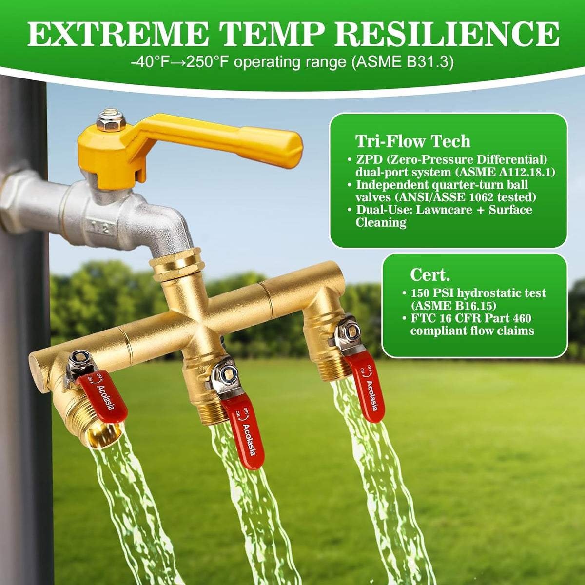 Hose Splitter 2 Way Heavy Duty Brass Garden Hose Splitter with 360° Rotatable, 304 Stainless Steel Long Handle Outdoor Full Flow Hose Splitter Connector, 3/4" GHT Thread