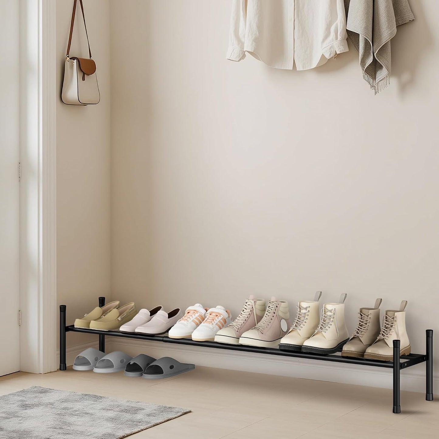 STORAGE MANIAC Long Expandable Shoe Rack, 18 Pairs Metal Wide Stackable Shoe Rack, Adjustable Shoes Shelf, Freestanding Shoes Organizer for Closet, Entryway, Hallway, Garage, Front Door, 3 Tiers