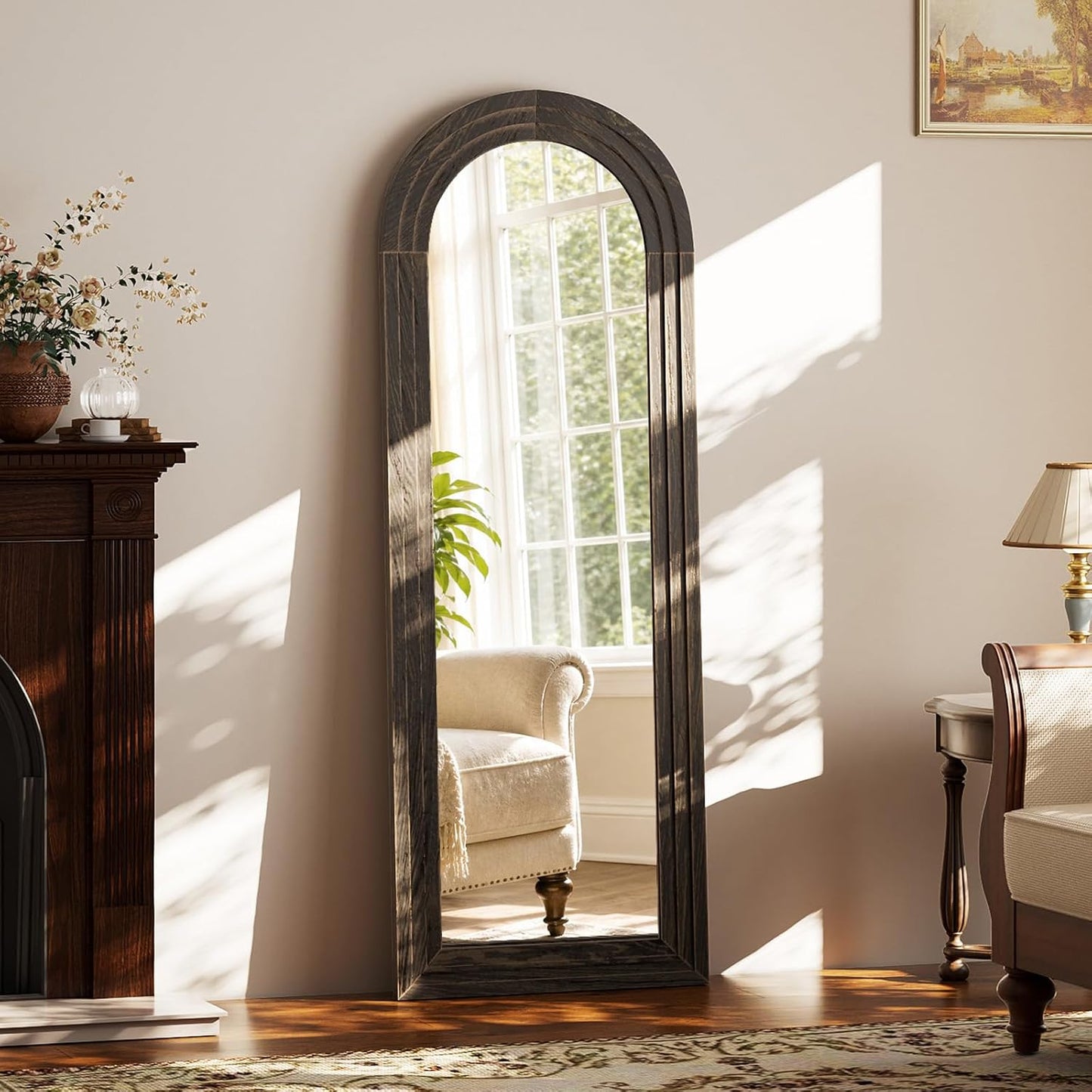 XRAMFY Full Length Mirror 65" x 22", Arched Large Floor Mirror with Solid Wood Frame, Freestanding & Wall Mounted, Antique Brown Finish for Bedroom Living Room