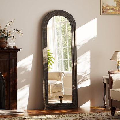 XRAMFY Full Length Mirror 65" x 22", Arched Large Floor Mirror with Solid Wood Frame, Freestanding & Wall Mounted, Antique Brown Finish for Bedroom Living Room