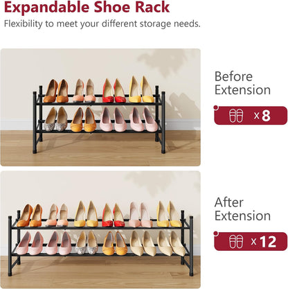 Tajsoon Expandable Shoe Rack for Closet 3 Tier, 28“-41“Adjustable & Stackable Shoe Shelf Storage, Metal Shoe Rack Organizer for Front Door Entrance, Closet, Garage, Entryway, Black