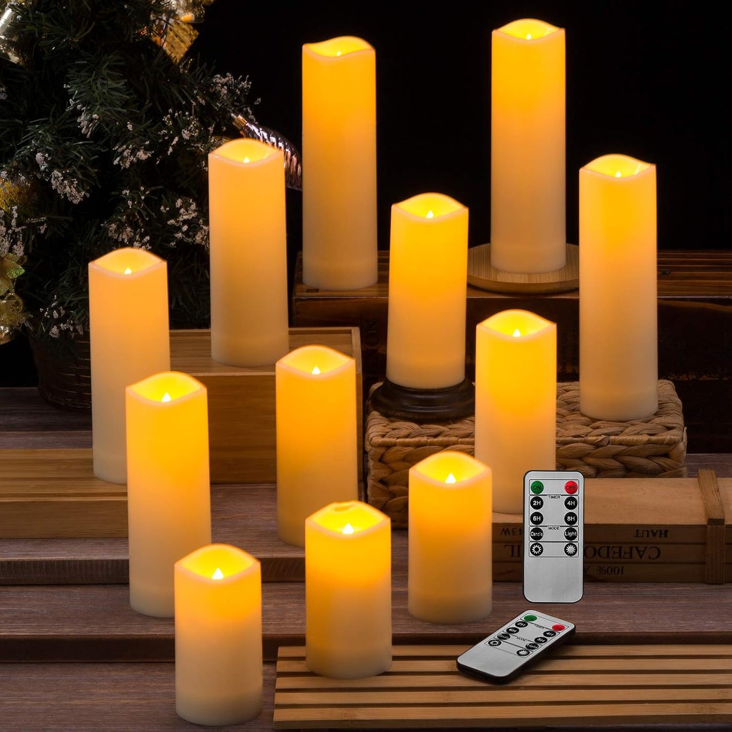 Enpornk Flameless Battery Operated Outdoor Waterproof Set of 12(D: 3" x H: 3" 4" 5" 6") Pillar LED Candles with 10-Key Remote and Cycling 24 Hours Timer