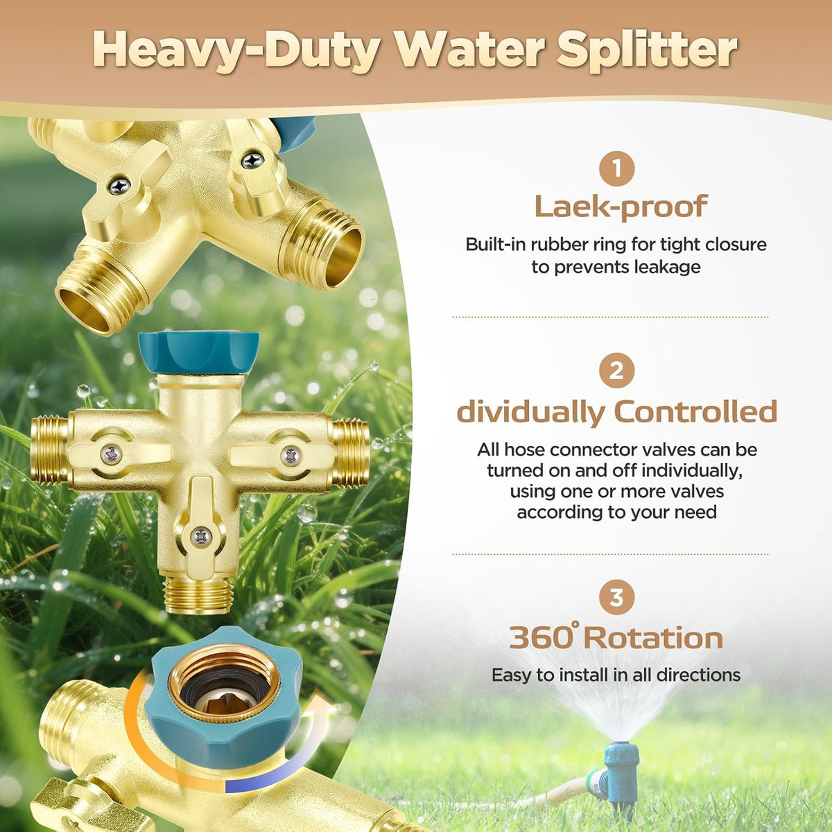 IPOW Upgrade Full Flow Garden Hose Splitter with Stainless Steel Handle, Brass Heavy Duty 2 Way Y Valve Garden Hose Splitter High Flow Spigot Splitter + 6 Rubber Hose Washers with Comfort Grip Use