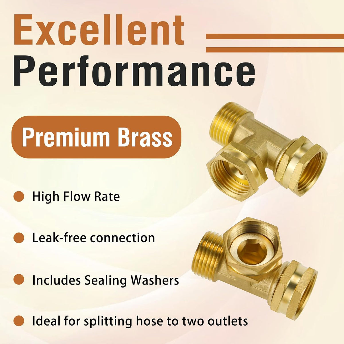 GHT 3/4 Hose Splitter 2 Way, Brass Hose Y for Outdoor Spigot | for garden hoses, sprinklers, drip irrigation and patios, good sealing performance, sturdy, leakproof, full flow port