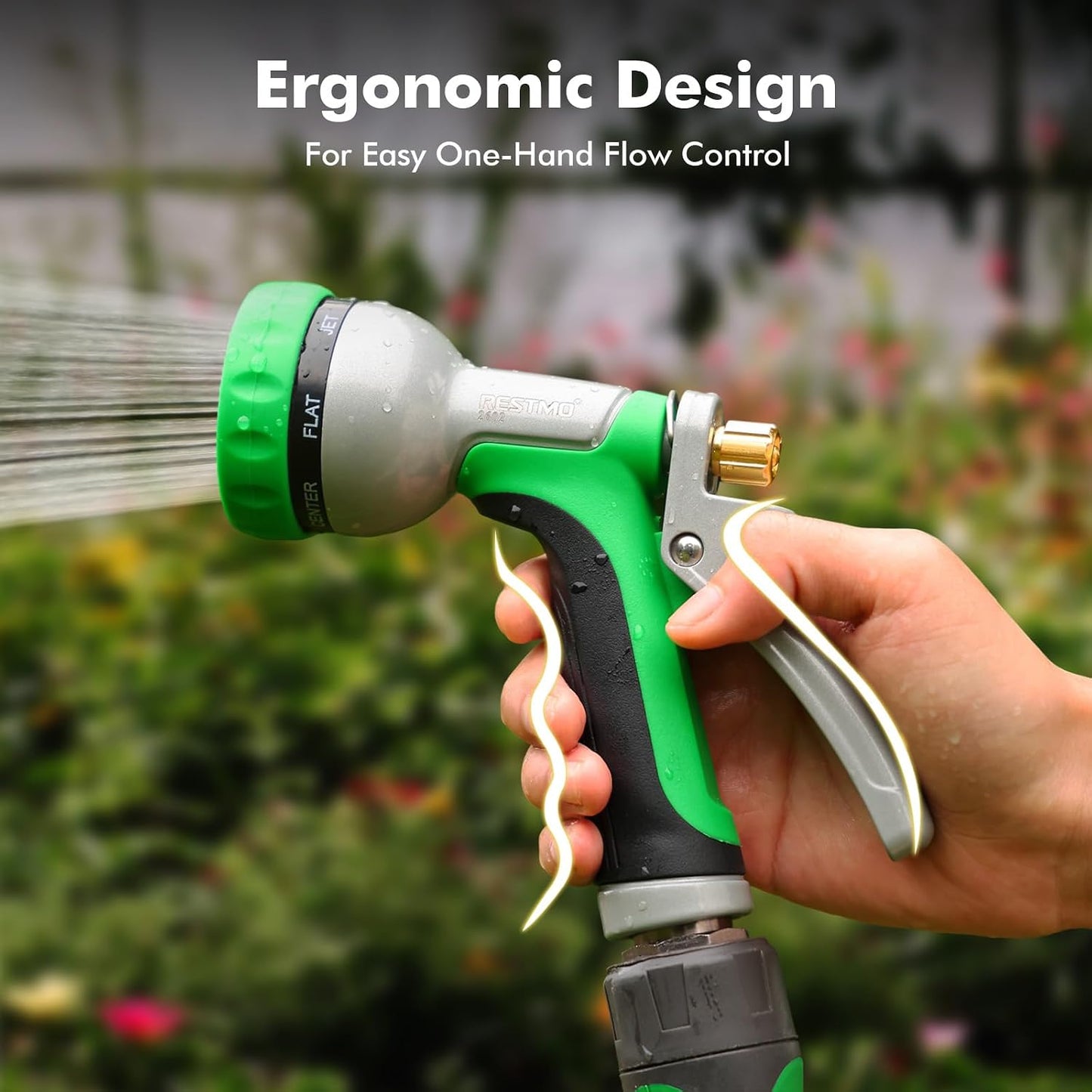 RESTMO Garden Hose Nozzle Heavy Duty, Leak-proof Water Hose Sprayer | 7 Adjustable Spray Patterns, Durable Metal, Flow Control, Ideal for Plants & Lawns Watering, Cars & Pets Washing, Green