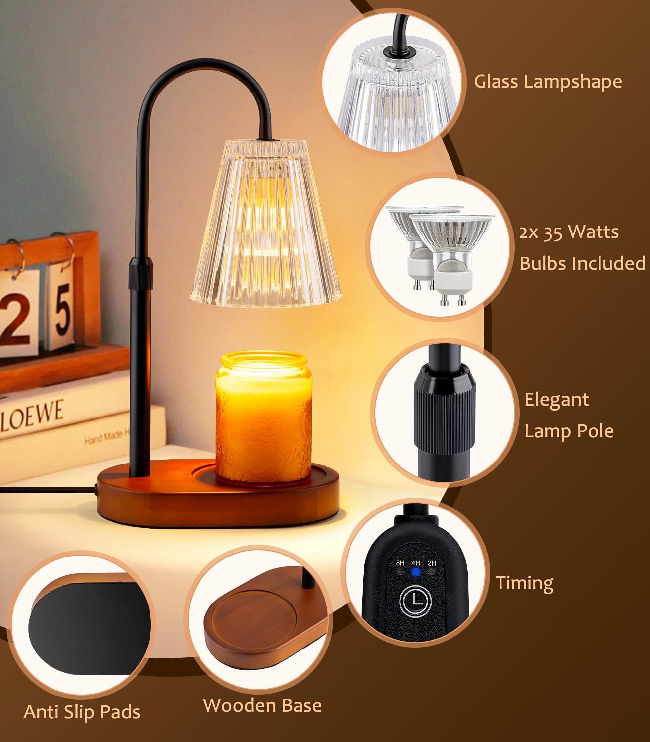 Candle Warmer Lamp with Timer - Electric Candles Wax Warmers Glass Lamps for Jar Candles Burner Adjustable Height and Dimmable Light Modern No Flame Scented Candle Warming Lantern, Amber