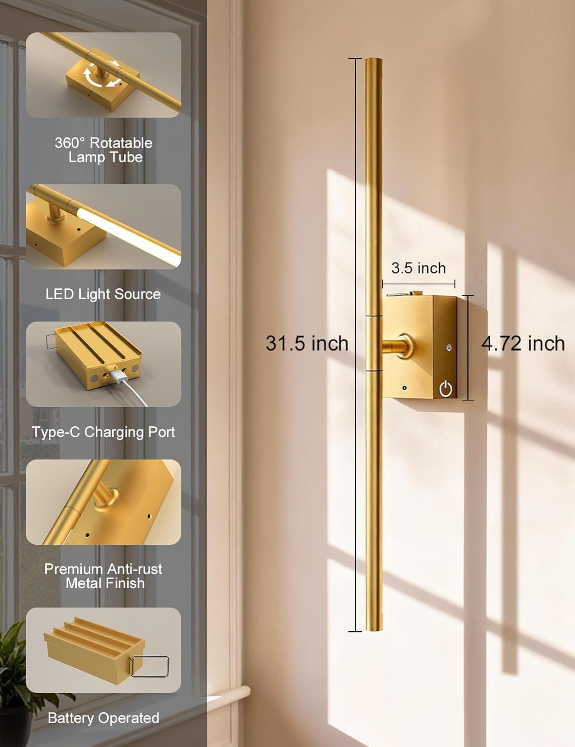 Battery Operated Wall Sconces Set of 2: 10000mAh Rechargeable Wall Lights with Remote, 360° Rotate 3000K-6000K LED Wireless Wall Light Fixtures Decor for Bedroom Living Room Hallway Picture Lighting